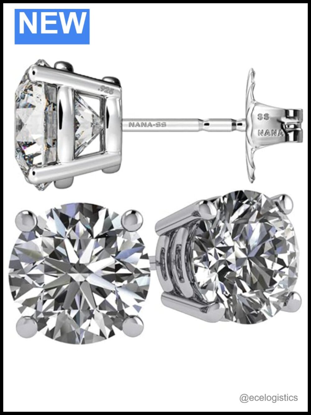 Simulated Diamond Stud Earrings Sterling Silver Hypoallergenic